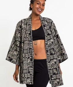 HaremPants.com Women's Elephant Print Cotton Kimono Cardigan In Black