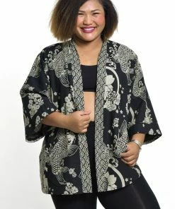 HaremPants.com Women's Koi Fish Print Cotton Kimono Cardigan In Black