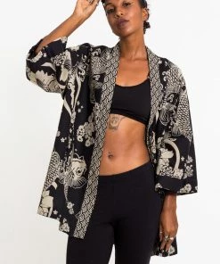 HaremPants.com Women's Koi Fish Print Cotton Kimono Cardigan In Black