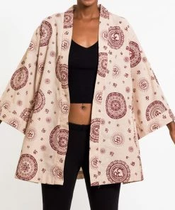 HaremPants.com Ohm Print Cotton Kimono Cardigan In Cream Women's
