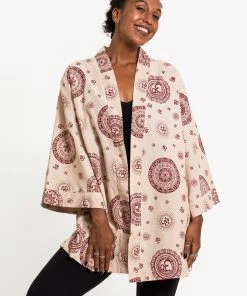 HaremPants.com Ohm Print Cotton Kimono Cardigan In Cream Women's