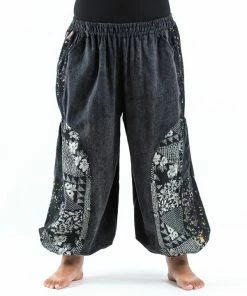 HaremPants.com Plus Size Stone Washed Patchwork Women Unisex Pants In Black