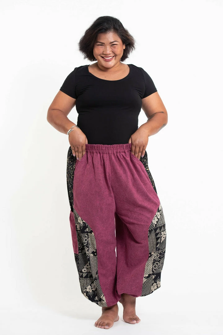 HaremPants.com Plus Size Stone Washed Patchwork Women Unisex Pants In Magenta Women's 5 HaremPants.com Plus Size Stone Washed Patchwork Women Unisex Pants In Magenta Women's