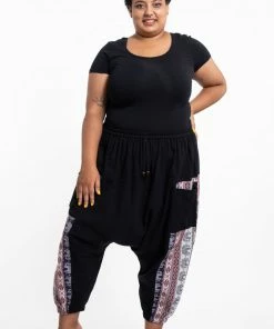 HaremPants.com Plus Size Elephant Aztec Cotton Women's Harem Pants In Black