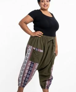 HaremPants.com Plus Size Elephant Aztec Cotton Women's Harem Pants In Green