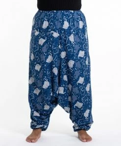 HaremPants.com Plus Size Elephant Prints Women's Low Cut Cotton Harem Pants In Indigo