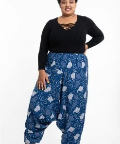 HaremPants.com Plus Size Elephant Prints Women's Low Cut Cotton Harem Pants In Indigo