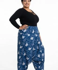 HaremPants.com Plus Size Elephant Prints Women's Low Cut Cotton Harem Pants In Indigo