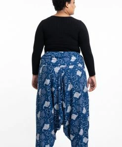 HaremPants.com Plus Size Elephant Prints Women's Low Cut Cotton Harem Pants In Indigo
