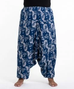 HaremPants.com Plus Size Fan Prints Women's Low Cut Cotton Harem Pants In Indigo