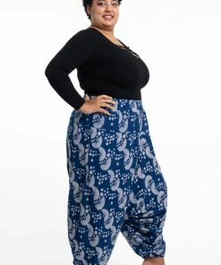 HaremPants.com Plus Size Fan Prints Women's Low Cut Cotton Harem Pants In Indigo