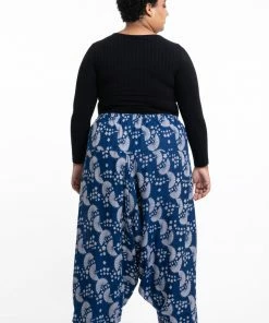 HaremPants.com Plus Size Fan Prints Women's Low Cut Cotton Harem Pants In Indigo