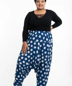 HaremPants.com Plus Size Polkadot Prints Women's Low Cut Cotton Harem Pants In Indigo