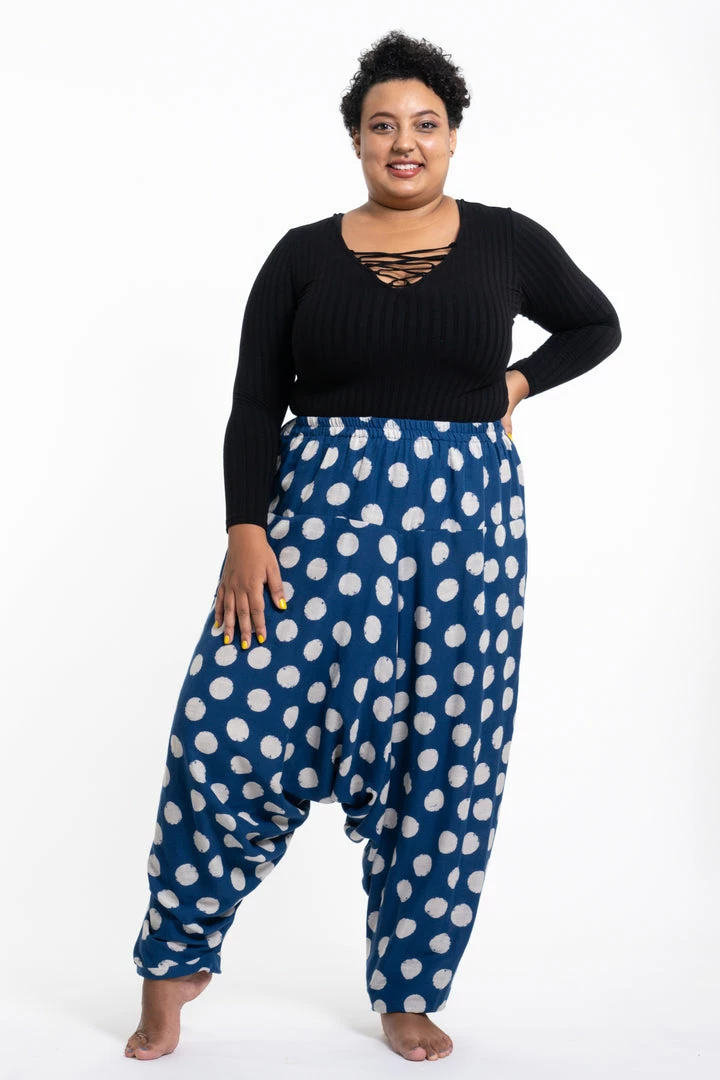 HaremPants.com Plus Size Polkadot Prints Women's Low Cut Cotton Harem Pants In Indigo 3 HaremPants.com Plus Size Polkadot Prints Women's Low Cut Cotton Harem Pants In Indigo