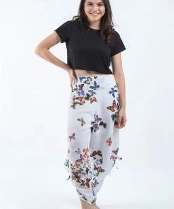 HaremPants.com Women's Cotton Side Drawstring Palazzo Pants In Butterflies Pink