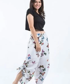 HaremPants.com Women's Cotton Side Drawstring Palazzo Pants In Butterflies Pink