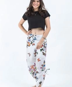 HaremPants.com Women's Cotton Side Drawstring Palazzo Pants In Butterflies Pink