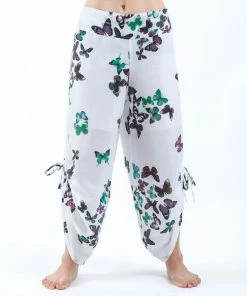 HaremPants.com Women's Cotton Side Drawstring Palazzo Pants In Butterflies Turquoise