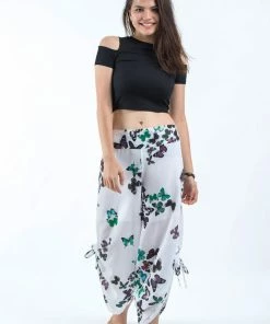 HaremPants.com Women's Cotton Side Drawstring Palazzo Pants In Butterflies Turquoise