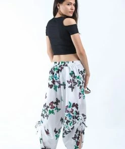 HaremPants.com Women's Cotton Side Drawstring Palazzo Pants In Butterflies Turquoise