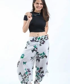 HaremPants.com Women's Cotton Side Drawstring Palazzo Pants In Butterflies Turquoise
