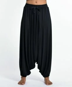 HaremPants.com Women's Drawstring Low Cut Harem Pants Cotton Spandex In Solid Black