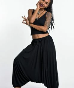 HaremPants.com Women's Drawstring Low Cut Harem Pants Cotton Spandex In Solid Black