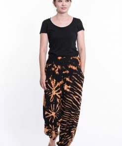 HaremPants.com Tie Dye Cotton Women Harem Pants In Black Orange