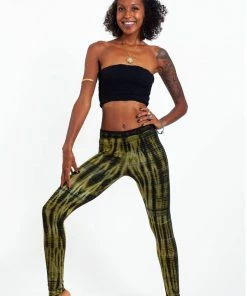 HaremPants.com Lightning Stripes Tie Dye Cotton Leggings In Olive Women's