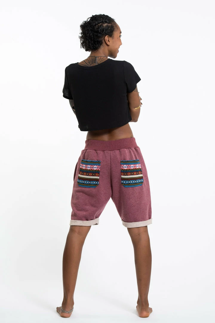 HaremPants.com Women's Terry Shorts With Aztec Pockets In Red 8 HaremPants.com Women's Terry Shorts With Aztec Pockets In Red