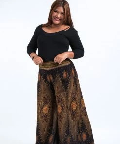 HaremPants.com Women's Plus Size Peacock Eyes Palazzo Style Harem Pants In Brown Gold