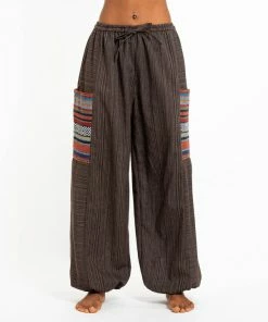 HaremPants.com Women's Drawstring Pinstripes Cotton Pants With Aztec Pocket In Brown