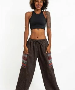HaremPants.com Women's Drawstring Pinstripes Cotton Pants With Aztec Pocket In Brown
