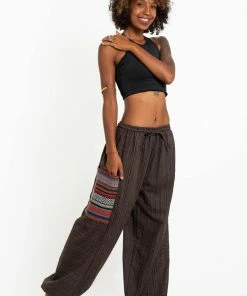 HaremPants.com Women's Drawstring Pinstripes Cotton Pants With Aztec Pocket In Brown