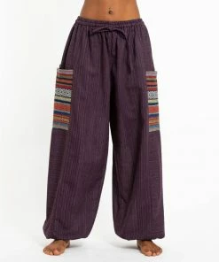 HaremPants.com Women's Drawstring Pinstripes Cotton Pants With Aztec Pocket In Purple