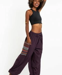 HaremPants.com Women's Drawstring Pinstripes Cotton Pants With Aztec Pocket In Purple