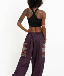 HaremPants.com Women's Drawstring Pinstripes Cotton Pants With Aztec Pocket In Purple