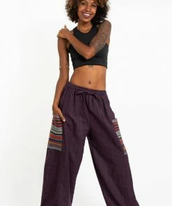 HaremPants.com Women's Drawstring Pinstripes Cotton Pants With Aztec Pocket In Purple