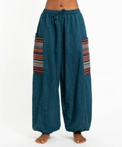 HaremPants.com Women's Drawstring Pinstripes Cotton Pants With Aztec Pocket In Turquoise