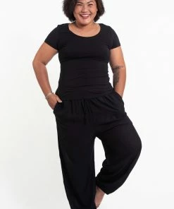 HaremPants.com Plus Size Solid Color Drawstring Women's Yoga Massage Pants In Black