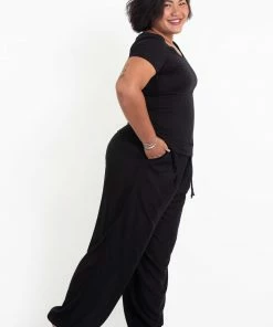 HaremPants.com Plus Size Solid Color Drawstring Women's Yoga Massage Pants In Black