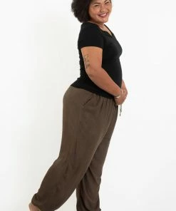 HaremPants.com Plus Size Solid Color Drawstring Women's Yoga Massage Pants In Brown