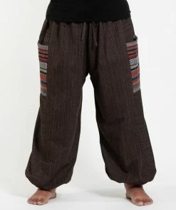 HaremPants.com Plus Size Women's Drawstring Pinstripes Cotton Pants With Aztec Pocket In Brown