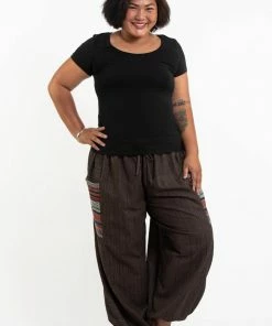 HaremPants.com Plus Size Women's Drawstring Pinstripes Cotton Pants With Aztec Pocket In Brown