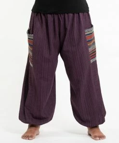 HaremPants.com Plus Size Women's Drawstring Pinstripes Cotton Pants With Aztec Pocket In Purple