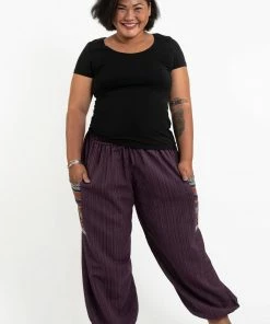 HaremPants.com Plus Size Women's Drawstring Pinstripes Cotton Pants With Aztec Pocket In Purple
