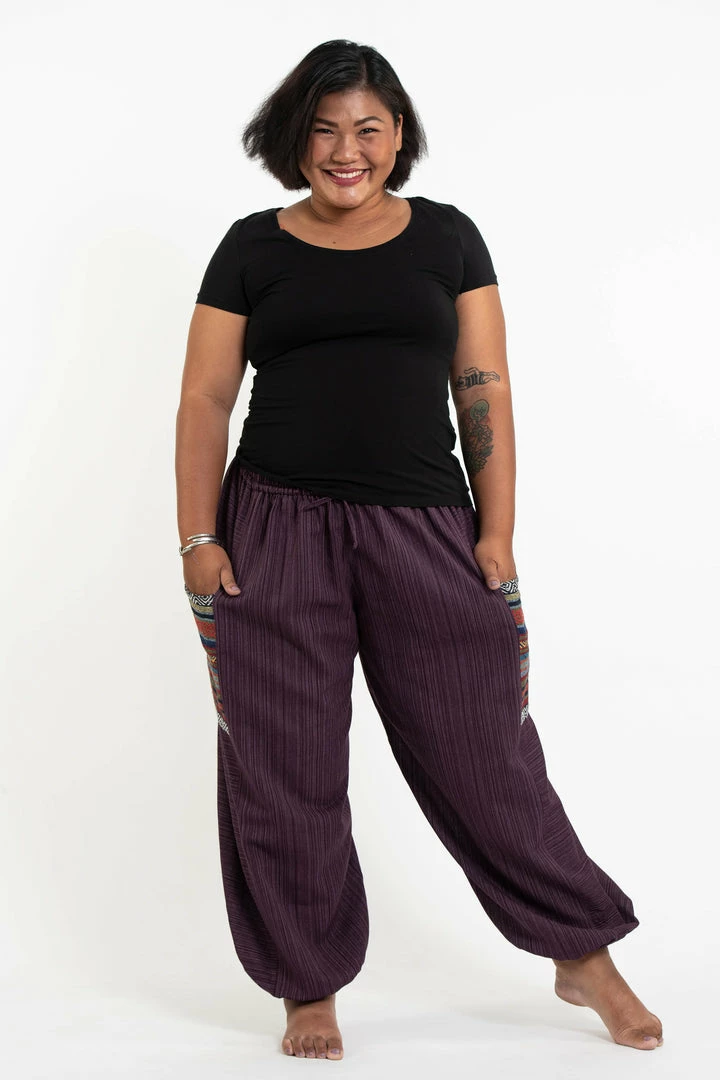 HaremPants.com Plus Size Women's Drawstring Pinstripes Cotton Pants With Aztec Pocket In Purple 3 HaremPants.com Plus Size Women's Drawstring Pinstripes Cotton Pants With Aztec Pocket In Purple