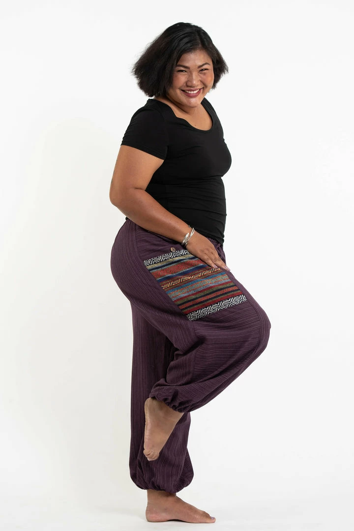 HaremPants.com Plus Size Women's Drawstring Pinstripes Cotton Pants With Aztec Pocket In Purple 5 HaremPants.com Plus Size Women's Drawstring Pinstripes Cotton Pants With Aztec Pocket In Purple