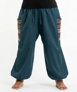 HaremPants.com Plus Size Women's Drawstring Pinstripes Cotton Pants With Aztec Pocket In Turquoise