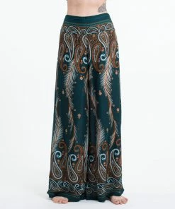 HaremPants.com Women's Paisley Feathers Palazzo Style Harem Pants In Green